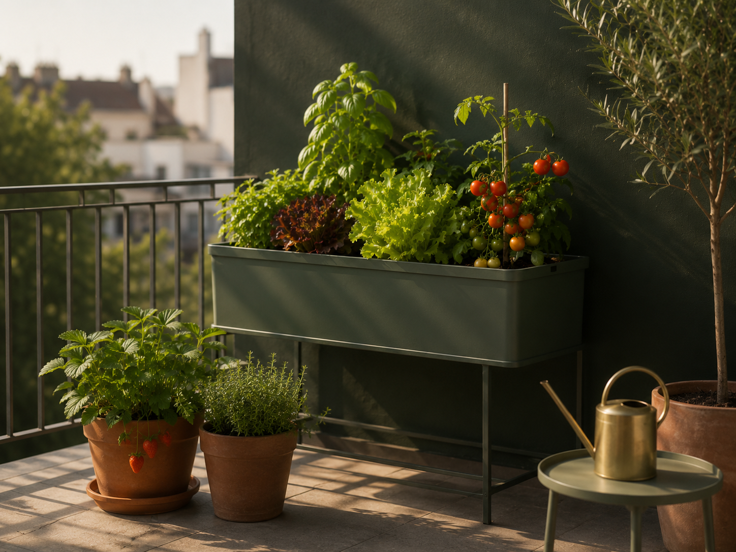 Vegetables growing in containers on a sunny patio