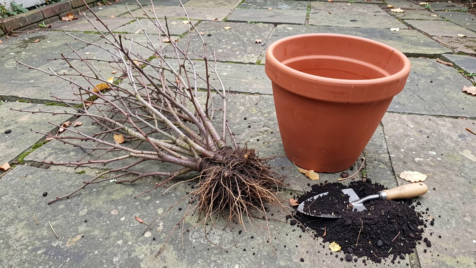 A dormant bare-root fruit bush on a patio beside a large terracotta pot and a heap of compost