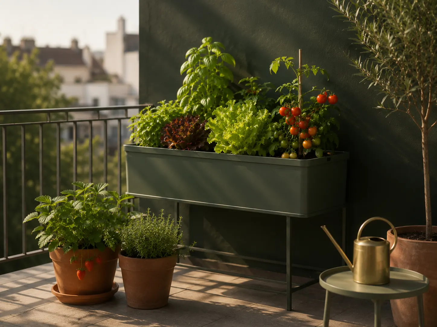 Vegetables growing in containers on a sunny patio