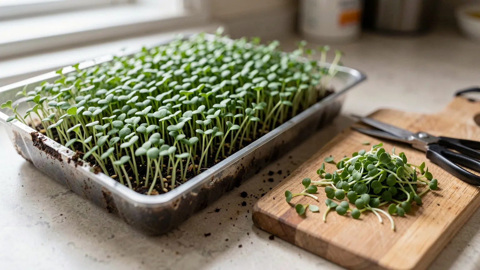 Freshly cut microgreens and kitchen scissors on a chopping board beside a tray of microgreens