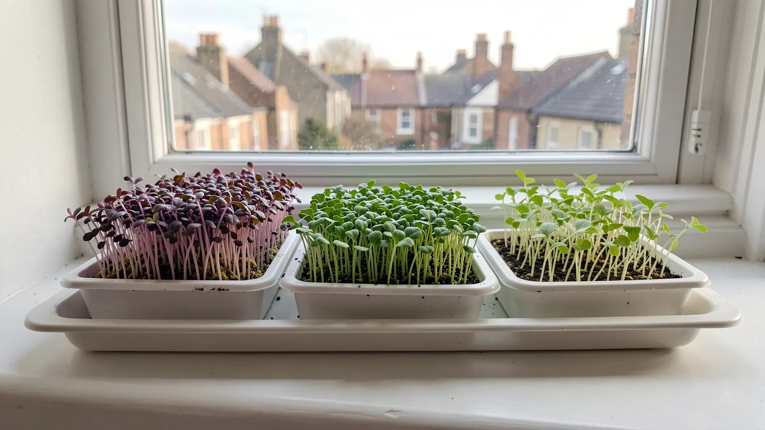 Trays of radish, broccoli and rocket microgreens growing on a bright kitchen windowsill