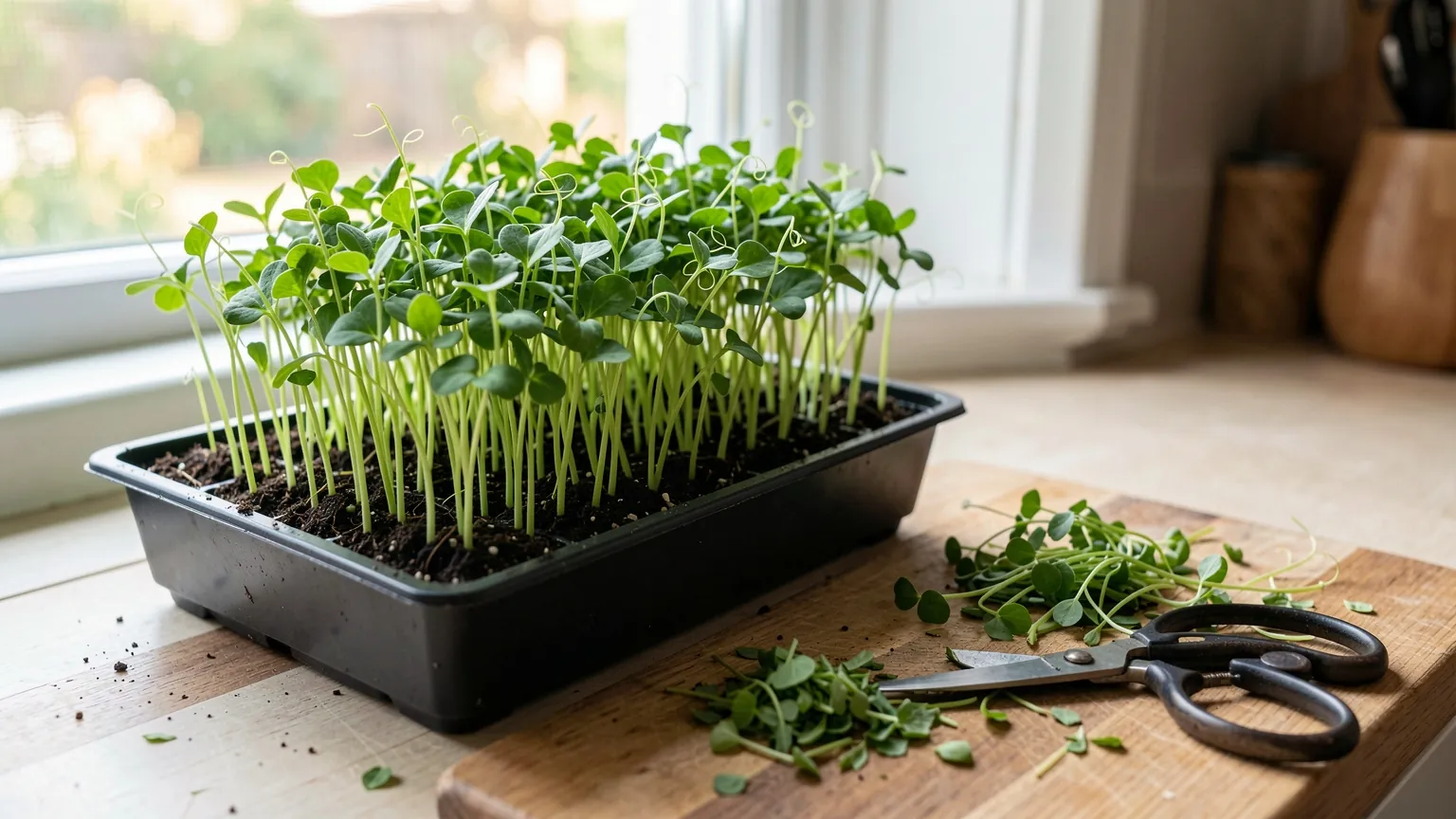 A tray of young pea shoots on a sunny kitchen windowsill with a handful of cut shoots and scissors beside it
