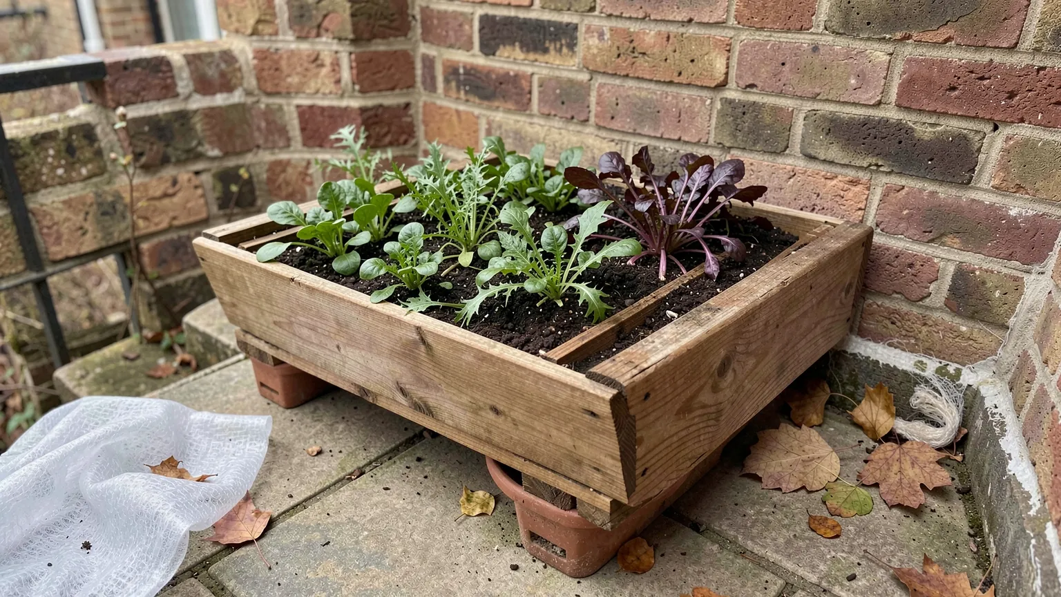 A wooden trough of young winter salad leaves, including mizuna and red mustard, raised on pot feet against a sheltered brick wall in late autumn